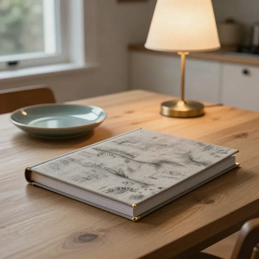 Köksbord med stängd rådgivningspärm, keramikfat och bordslampa i mjukt kvällsljus.