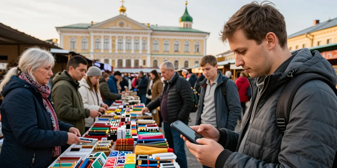 El uso de https://payinrussia.com/ para realizar pagos en un mercado ruso vibrante, mostrando interacciones entre turistas y vendedores locales.